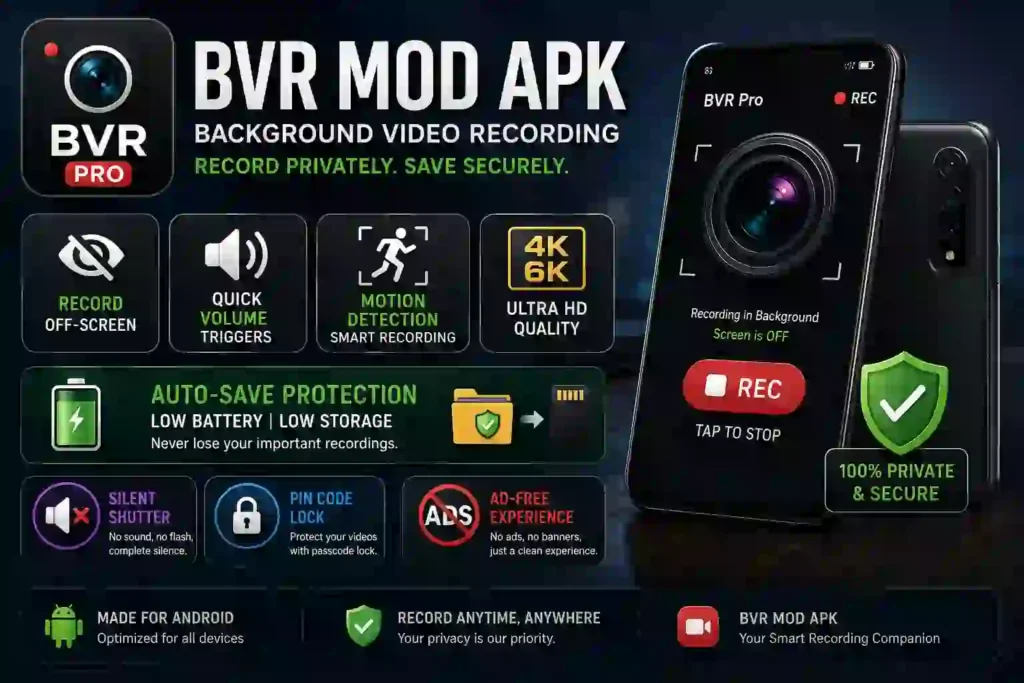 A modern promotional illustration of BVR Pro Mod APK displayed on a smartphone with a camera recording interface. The image highlights background video recording, off-screen recording, motion detection, 4K/6K Ultra HD support, silent shutter, auto-save protection, PIN code security, and an ad-free experience, using a sleek dark-themed design with vibrant feature icons.