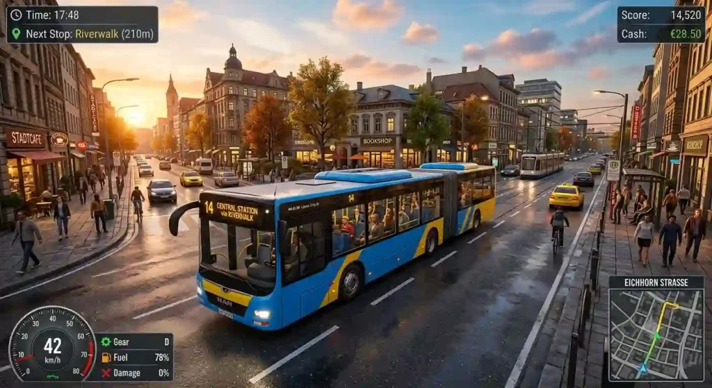 Bus simulator game 3D gameplay featuring a city passenger bus on a European street with full UI controls and mini map
