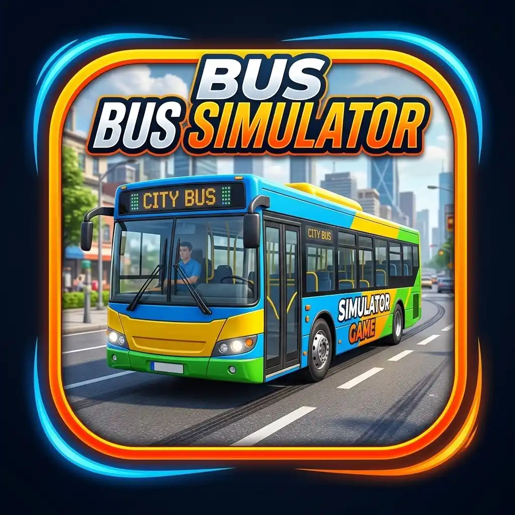 Modern colorful city bus driving on road icon for Bus Simulator game