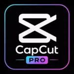 A modern CapCut Pro logo featuring a white stylized ribbon-like icon above the words "CapCut" and a colorful "PRO" badge on a black background with a neon blue-to-purple border.