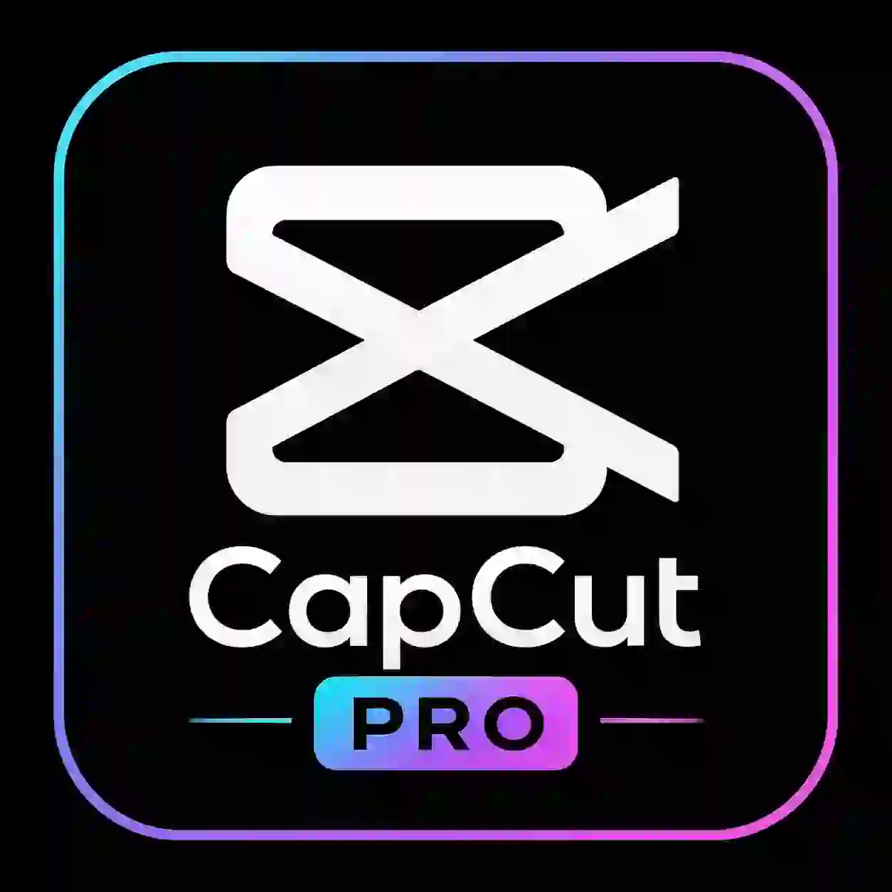 A modern CapCut Pro logo featuring a white stylized ribbon-like icon above the words "CapCut" and a colorful "PRO" badge on a black background with a neon blue-to-purple border.