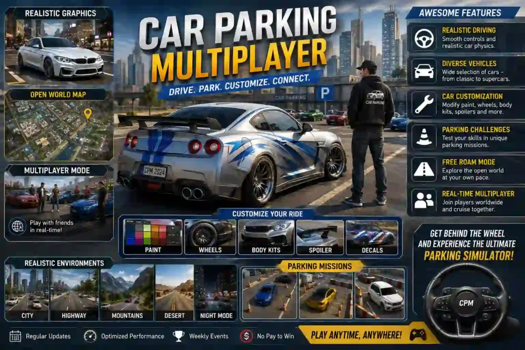 Detailed Car Parking Multiplayer promotional image showcasing realistic driving physics, open-world exploration, multiplayer mode, vehicle customization, parking challenges, and a variety of cars in a modern city environment.