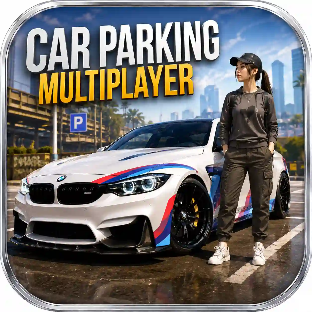 Car Parking Multiplayer Mod game icon featuring a customized sports car parked in a modern city with a player character, highlighting realistic driving and multiplayer gameplay.