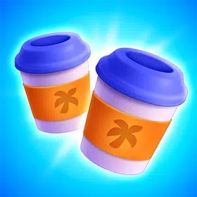 Two colorful takeaway coffee cups with purple lids on a bright blue gradient background, illustrated in a modern cartoon style.