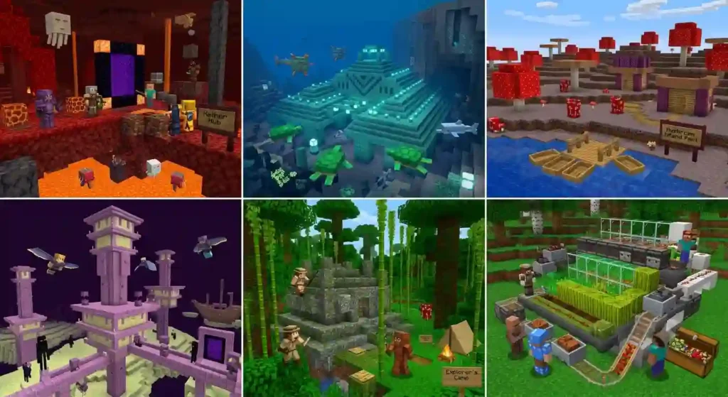 A 2x3 grid of six images displaying different Minecraft scenes. Top row: a player in red armor stands in the Nether with a portal, a strider, and a piglin; a player dives near an Ocean Monument with turtles, dolphins, and guardians; a player and a villager are on a Mushroom Island near structures and small boats. Bottom row: players explore End Cities and an End Ship in the dark End dimension; players wear safari gear in a dense bamboo jungle; a villager and a player in diamond armor stand near a complex, automated redstone crop and tree farm. All images feature distinctive blocky graphics, various entities, and custom signs.