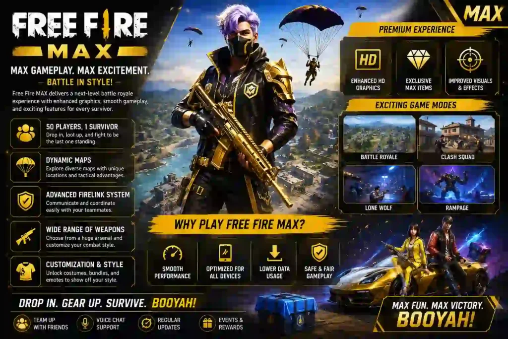 Colorful Free Fire MAX promotional image showcasing battle royale gameplay, HD graphics, multiple game modes, weapons, character customization, and team-based action.