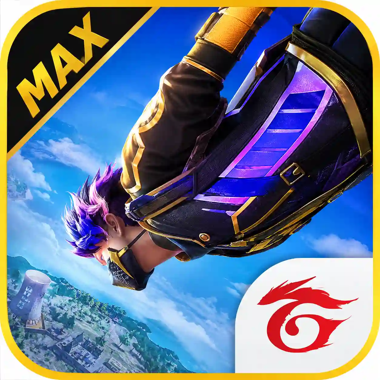 Official-style Free Fire MAX game icon featuring a skydiving character with a blue sky background and the MAX branding.