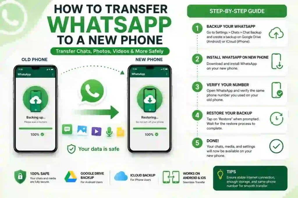 Infographic explaining WhatsApp transfer chats, photos, videos, and media from an old phone to a new Android or iPhone using backup and restore methods.
