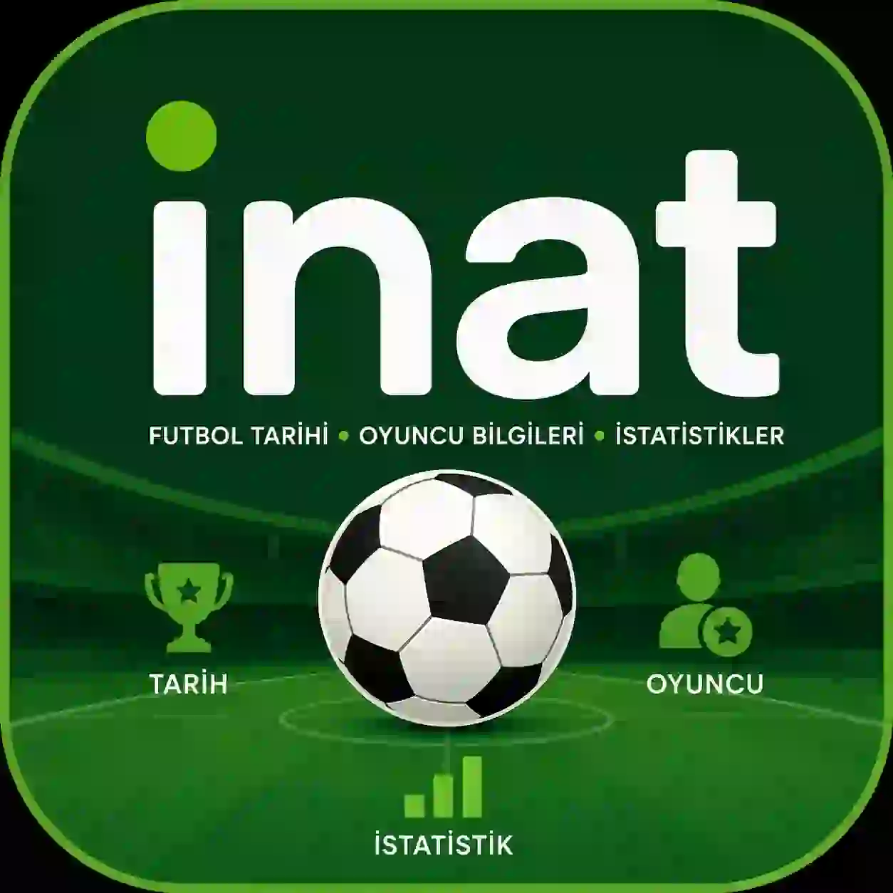 Inat Box APK icon featuring a clean green football-themed design with a soccer ball representing Turkish football history, player facts, and match information.