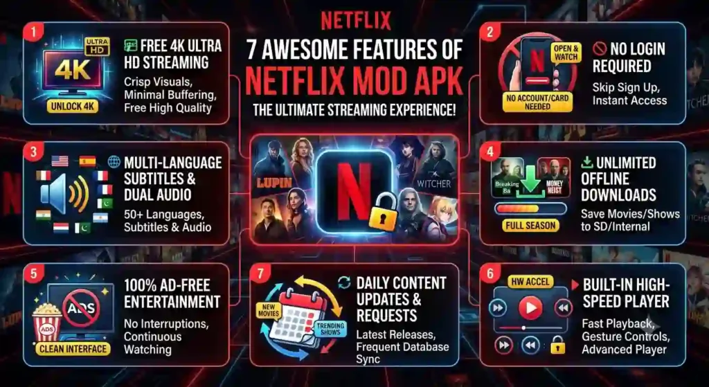 Infographic showing 7 awesome features of Netflix Mod APK Premium Unlocked including 4K streaming, no login, and ad-free viewing