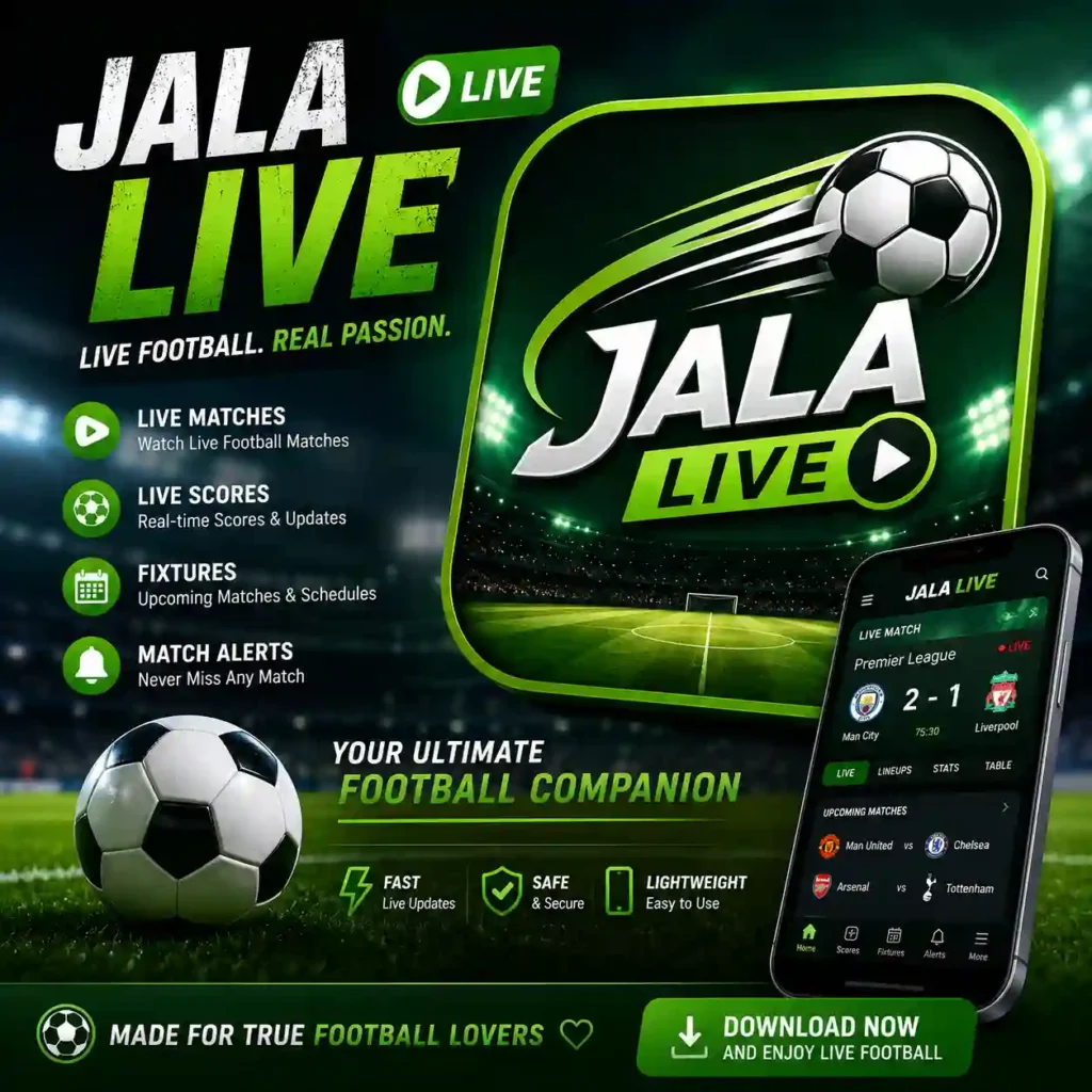 Promotional image of the JALALive app featuring a football stadium, soccer ball, smartphone interface, and live football scores for football fans.