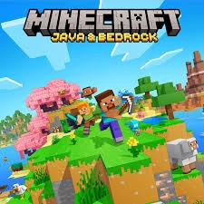 Official Minecraft APK Java & Bedrock cover artwork featuring blocky characters exploring a colorful world with animals, trees, and vibrant landscapes