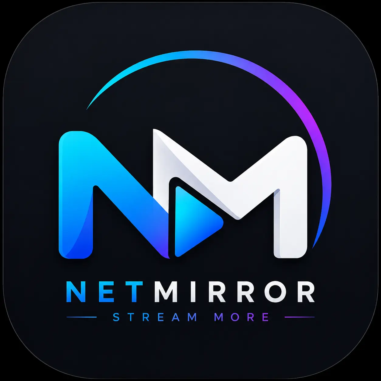 Modern NetMirror apk streaming app icon with a blue and white NM logo featuring a play button on a dark background.
