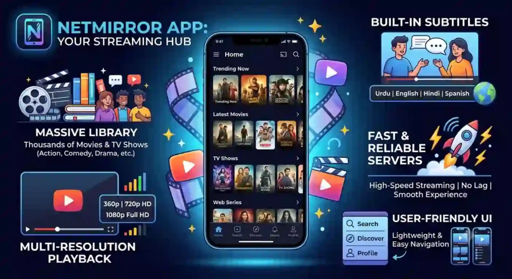 Infographic showing Netmirror APK streaming app features including HD playback, multi-language subtitles, fast servers, and movie library on an Android phone interface.