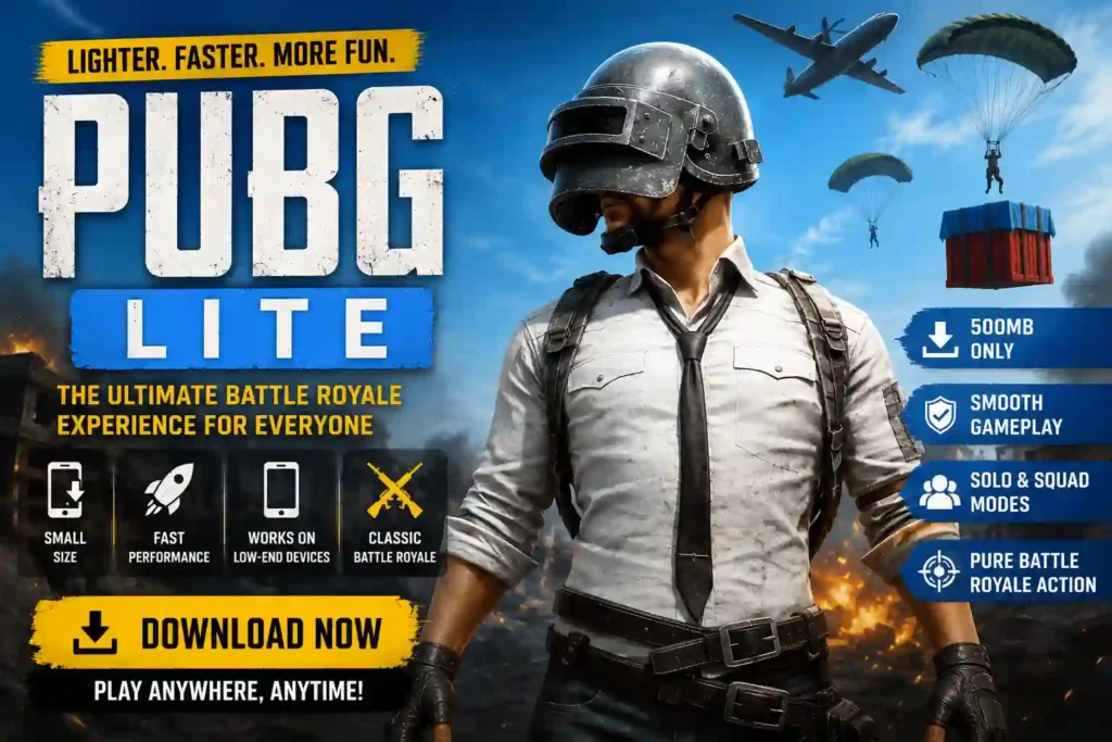 Action-packed PUBG Mobile Lite promotional artwork featuring a helmeted soldier, parachutes, transport plane, supply crate, and battle royale-themed graphics highlighting fast gameplay and lightweight performance.