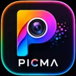 PicMa Mod APK icon featuring a colorful gradient camera lens with a modern AI-powered photo editing design on a dark background.