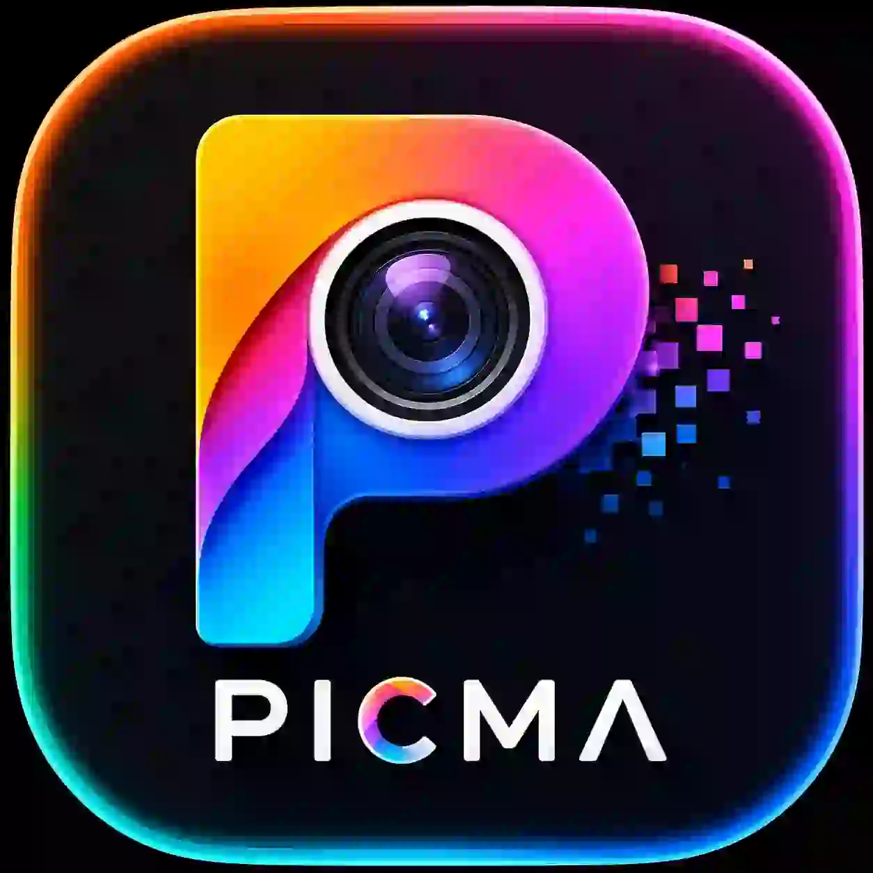 PicMa Mod APK icon featuring a colorful gradient camera lens with a modern AI-powered photo editing design on a dark background.