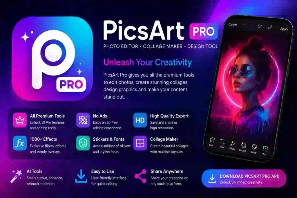Promotional banner for PicsArt Pro APK featuring premium photo editing tools, AI enhancements, collage maker, HD export, stickers, and a smartphone displaying a creatively edited portrait.