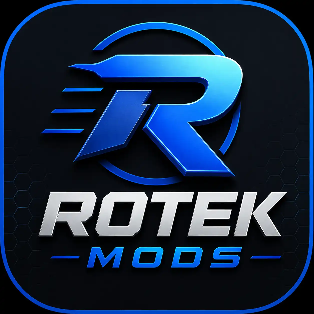 Modern Rotek Mods app icon with a futuristic blue metallic R logo on a dark background.