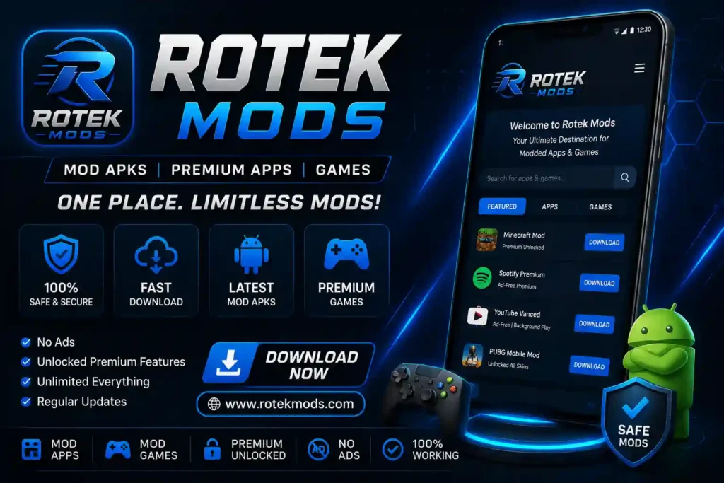 Promotional image for Rotek Mods showing a modern smartphone interface, premium mod APK features, fast downloads, and a sleek blue technology-themed design.
