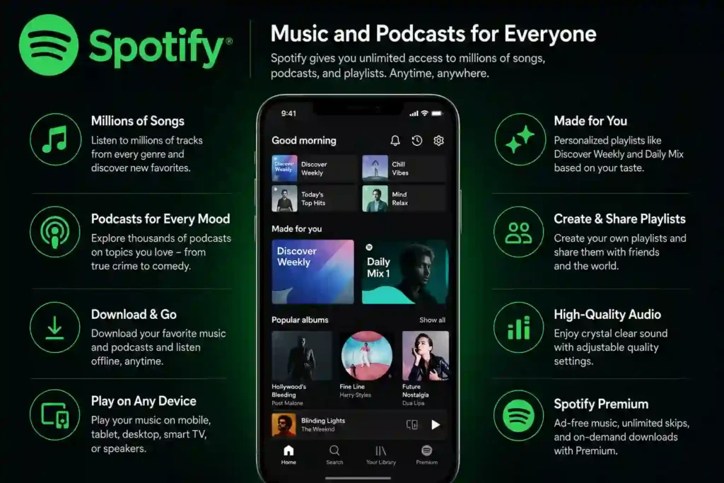 A modern Spotify infographic showing the app interface on a smartphone with key features including music streaming, personalized playlists, podcast support, offline downloads, high-quality audio, cross-device playback, playlist sharing, and Spotify Premium benefits.