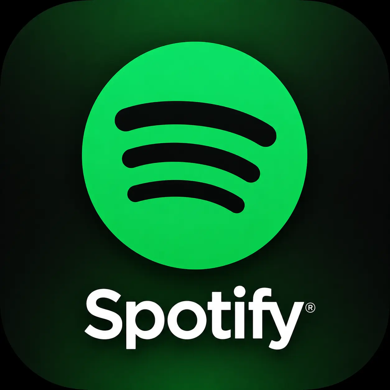 Spotify app icon featuring the green circular music streaming logo on a dark gradient background with the Spotify text below.