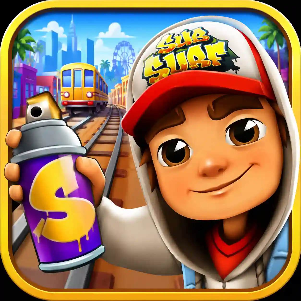 Subway Surfers Mod game icon featuring a cheerful graffiti artist holding a spray paint can with colorful trains and railway tracks in the background.
