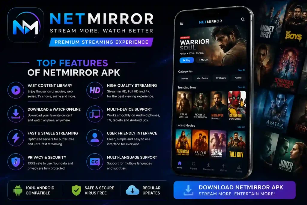 Infographic showing the top features of NetMirror APK, including HD streaming, offline downloads, multi-device support, fast streaming, privacy protection, and a user-friendly interface.