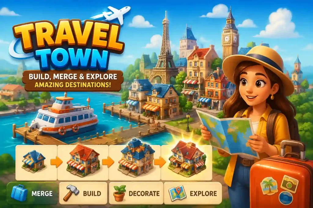 Colorful Travel Town game artwork featuring a traveler with a map, a vibrant coastal town, famous landmarks, merge gameplay, and town-building elements.