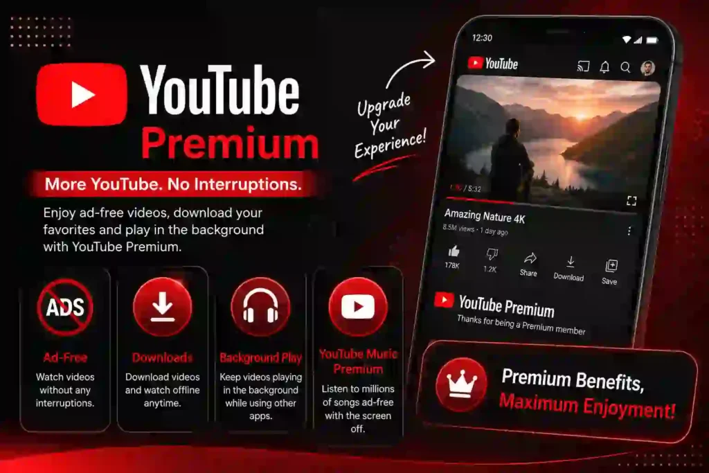 YouTube Premium APK promotional image highlighting ad-free videos, offline downloads, background playback, and premium streaming features.