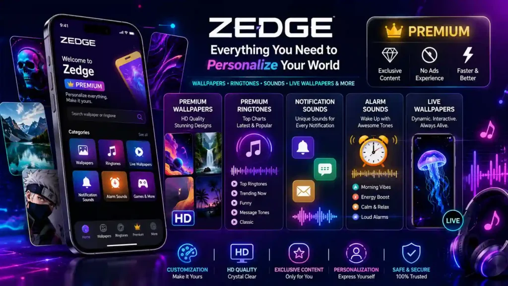 Modern Zedge Premium app interface on a smartphone showcasing HD wallpapers, premium ringtones, notification sounds, live wallpapers, and personalization features with a vibrant neon-themed design.