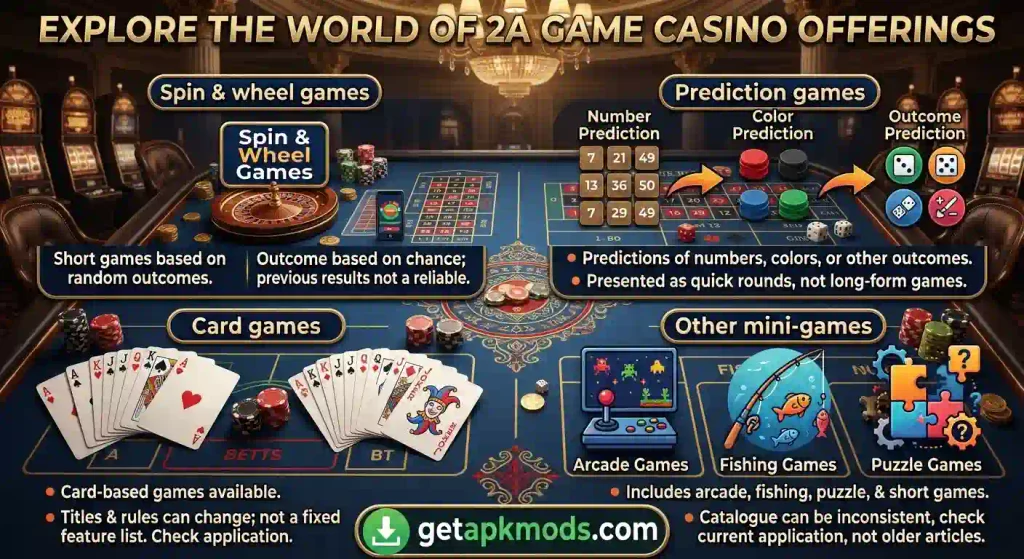 Casino table layout showcasing 2A Game categories including spin wheel, prediction, card games, and mini-games with getapkmods.com branding.