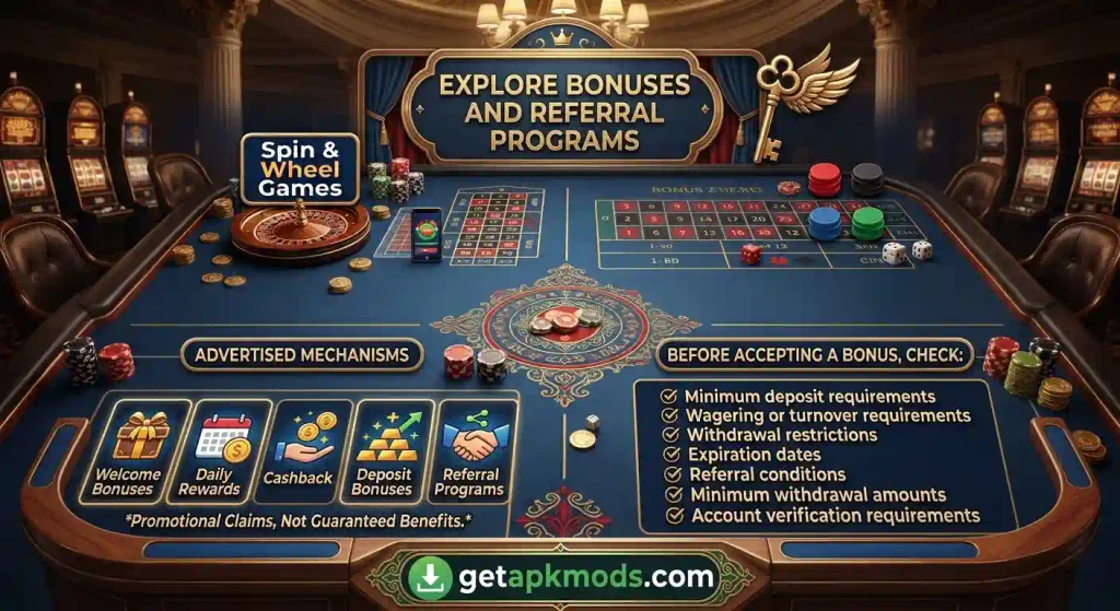 2A Game - Blue felt casino table infographic detailing casino bonuses, referral programs, and bonus terms with getapkmods.com branding.