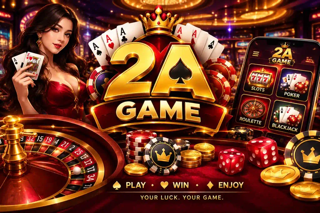 2A Game casino promotional image featuring roulette, poker cards, chips, dice, coins, and a casino game interface
