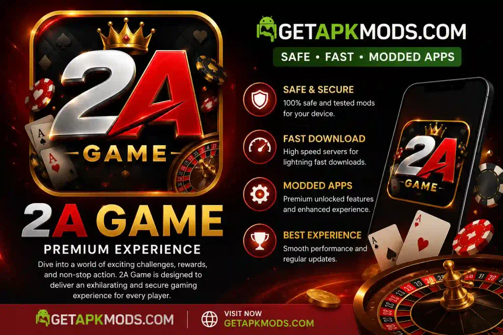 2A Game promotional banner featuring the 2A Game logo, playing cards, chips, roulette elements, and GetAPKMods.com branding on a dark red and gold background.