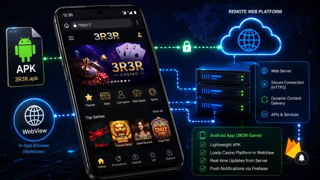3R3R Game APK shown on an Android smartphone with a WebView interface connected to a remote casino web platform and servers