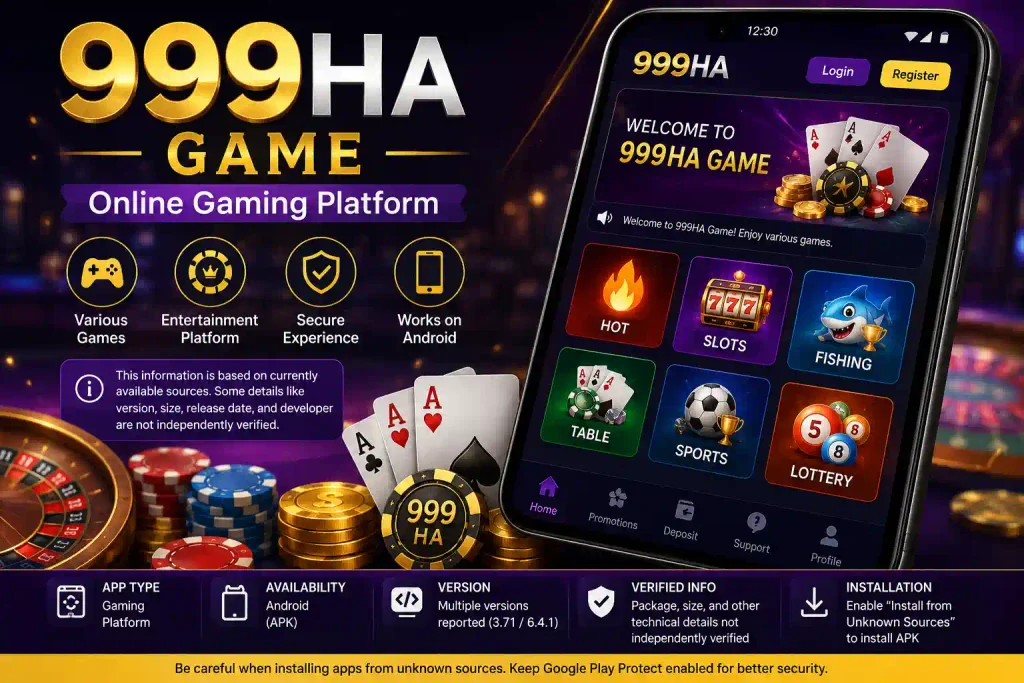999HA Game descriptive graphic showing an Android phone interface with casino-style game visuals, playing cards, poker chips, roulette elements, and a panel noting that some APK details are not independently verified.