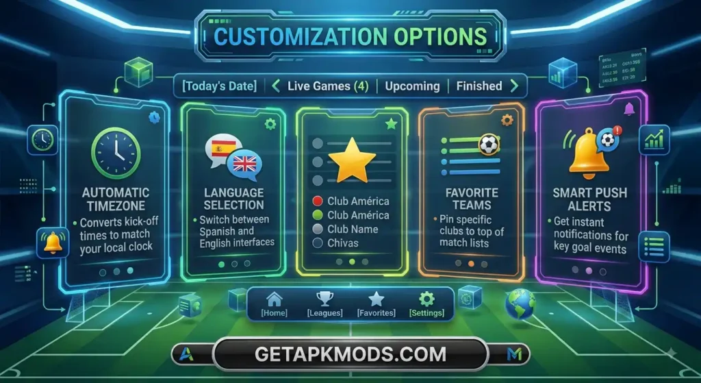 Infographic showing Futbol Libre customization options like timezone conversion, language settings, favorite teams, push alerts, and GETAPKMODS.COM branding.