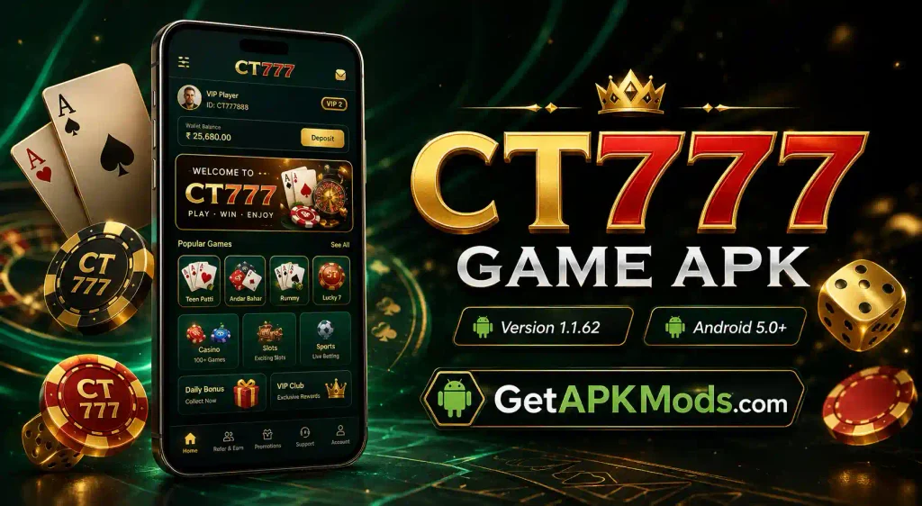 CT777 Game APK promotional graphic featuring a smartphone gaming interface, gold and red CT777 lettering, casino-inspired cards, poker chips, dice, crown, emerald lighting, and GetAPKMods.com branding.