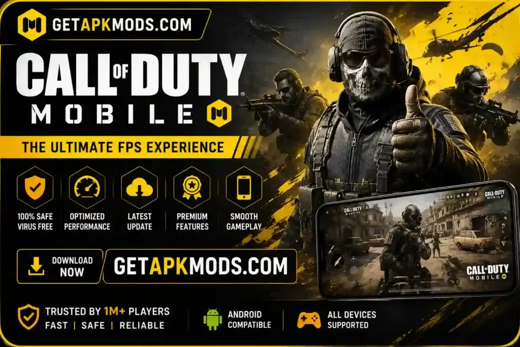 Promotional Call of Duty Mobile banner featuring tactical soldiers, gameplay preview, premium features, and GetAPKMods.com branding on a black and yellow military-themed background.