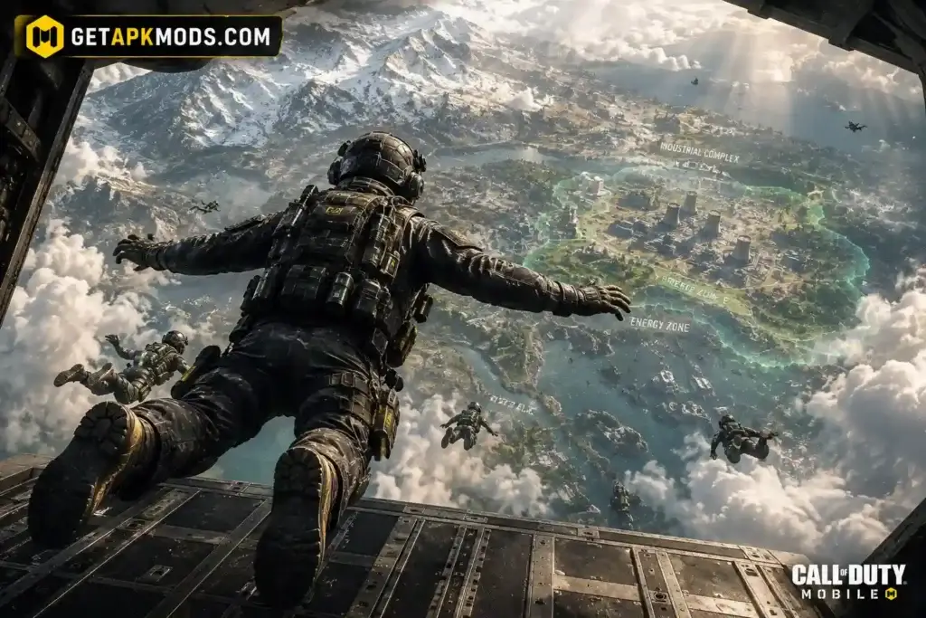 Cinematic Call of Duty Mobile-inspired artwork showing a futuristic soldier skydiving from a military cargo aircraft over a massive island map with snow-capped mountains, industrial complexes, a glowing green energy zone, volumetric clouds, dramatic sunlight, and GetAPKMods.com branding.