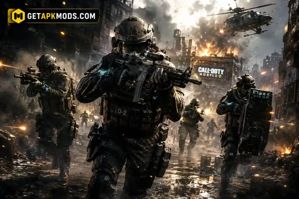 Cinematic Call of Duty Mobile-inspired artwork featuring elite special forces operators sprinting through a smoke-filled urban battlefield with explosions, helicopters, intense gunfire, futuristic tactical gear, and GetAPKMods.com branding.