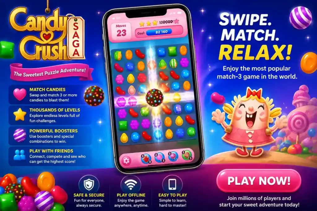 Candy Crush Saga promotional image showing colorful candy matching gameplay on a smartphone, boosters, multiple levels, and playful game characters.