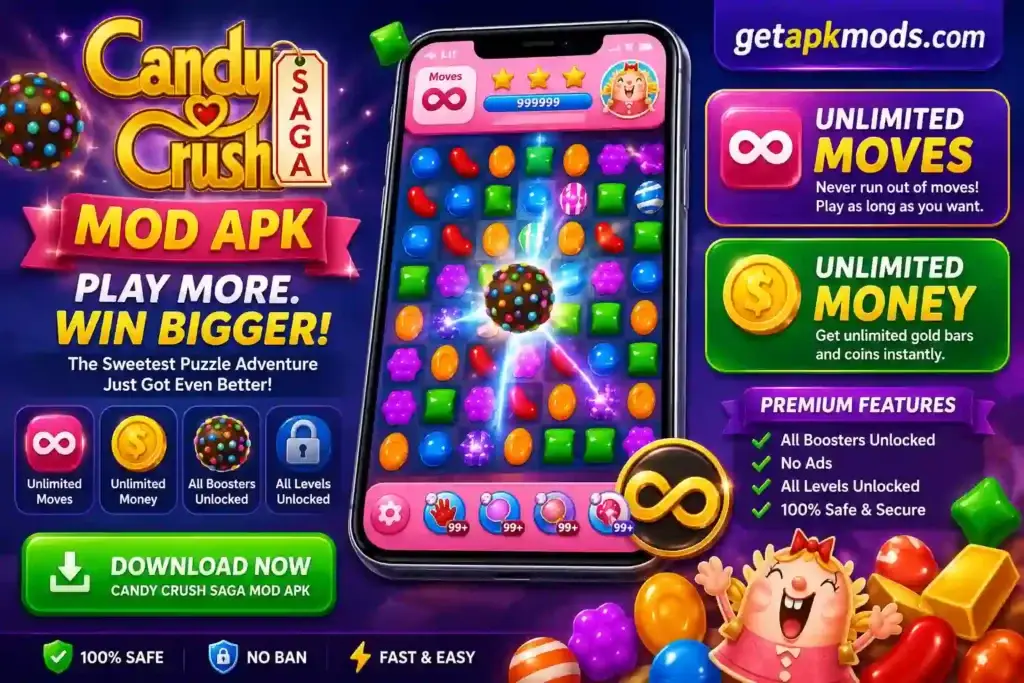Candy Crush Saga MOD APK promotional graphic showing unlimited moves, unlimited money, unlocked boosters, all levels unlocked, and getapkmods.com branding.
