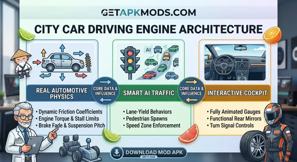 A detailed infographic for City Car Driving outlining its engine architecture. It is divided into three key pillars: Real Automotive Physics (detailing dynamic friction, engine torque, and suspension), Smart AI Traffic (covering lane behavior, pedestrians, and speed enforcement), and Interactive Cockpit (featuring animated gauges, mirrors, and controls). The diagram is supported by "CORE DATA & INFLUENCE" arrows and features a scientist and a race driver, set against a workshop background. A download button is also shown.