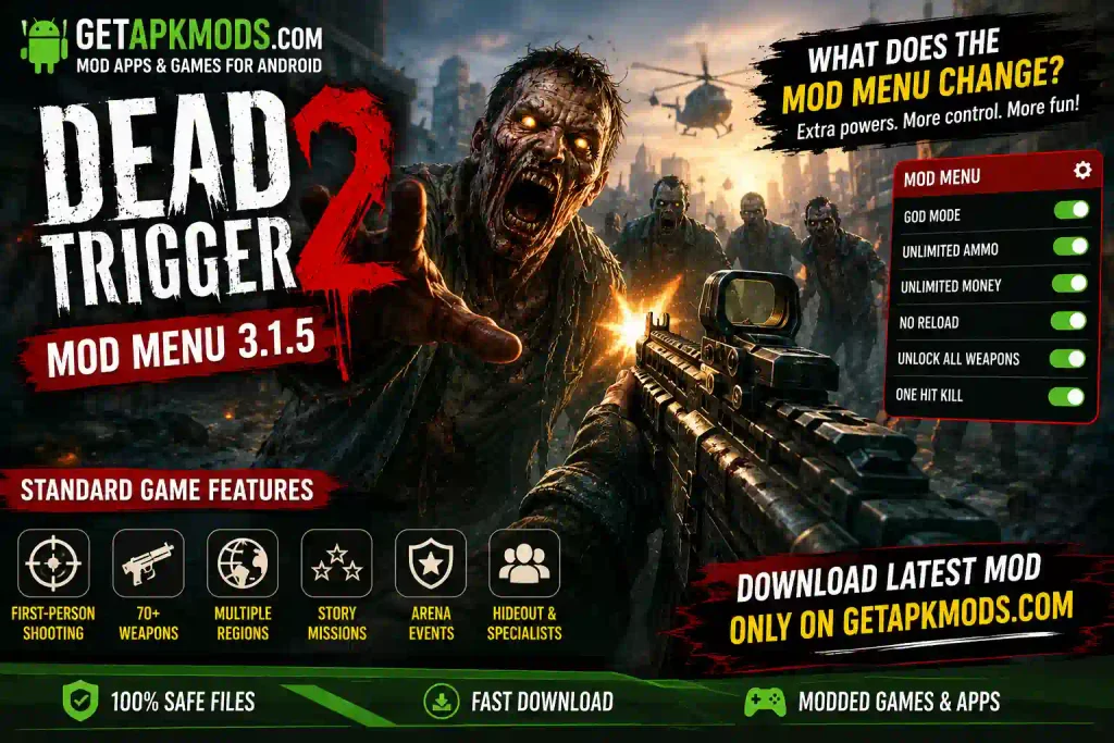 DEAD TRIGGER 2 MOD Menu 3.1.5 zombie shooter gameplay with GetAPKMods.com branding