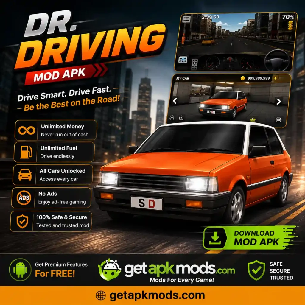 Dr Driving Mod APK promotional image featuring an orange car, gameplay screenshots, unlimited money and fuel, unlocked cars, no ads, and getapkmods.com branding.