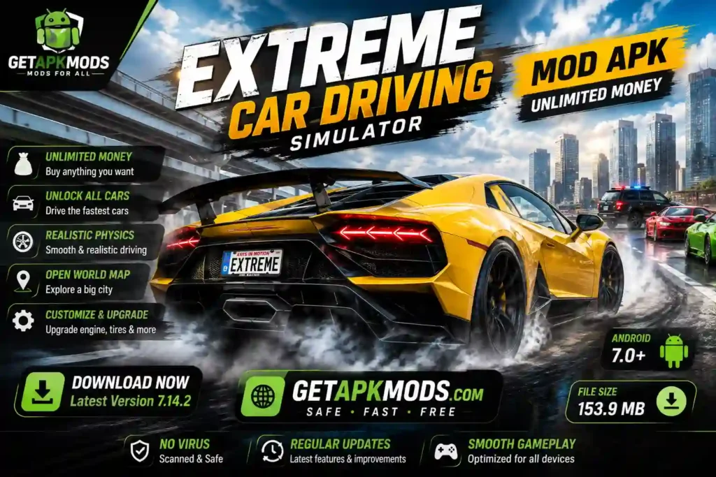 Extreme Car Driving Simulator MOD 7.14.2 promotional image showing a yellow sports car drifting through a city with Unlimited Money and GetAPKMods.com branding