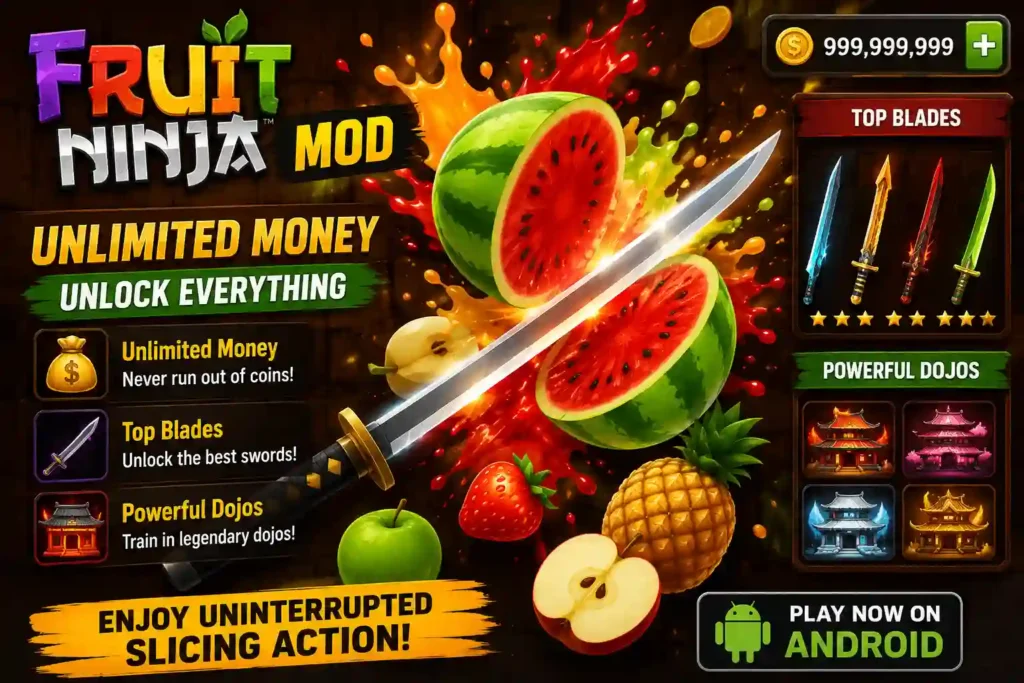 Fruit Ninja MOD promotional image featuring unlimited money, top blades, powerful dojos, sliced fruit, and Android gameplay.