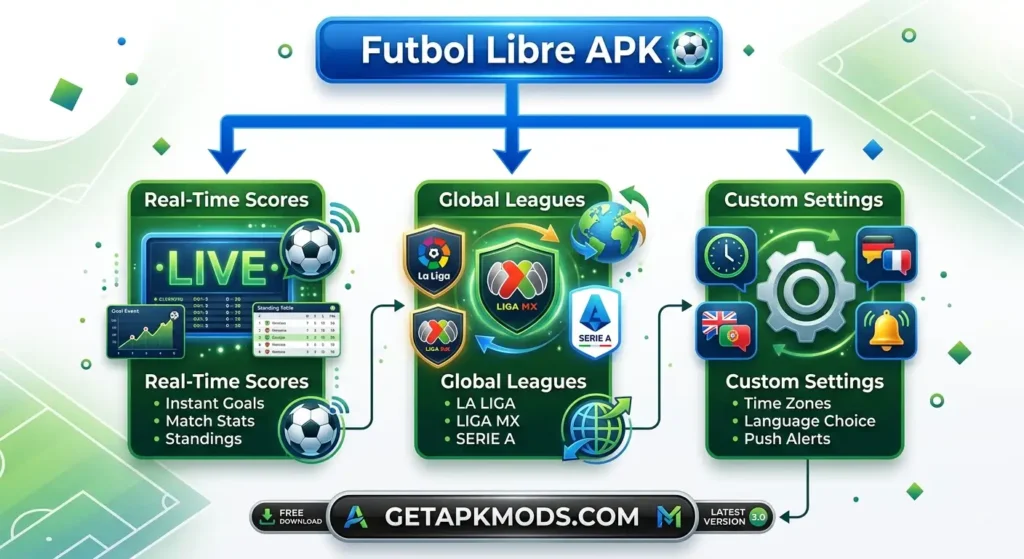 A football-themed infographic for Futbol Libre APK. A top banner connects to three cards labeled "Real-Time Scores," "Global Leagues," and "Custom Settings," featuring relevant logos and icons. At the bottom, a bar with "GETAPKMODS.COM" and icons indicates a free download for version 3.0.